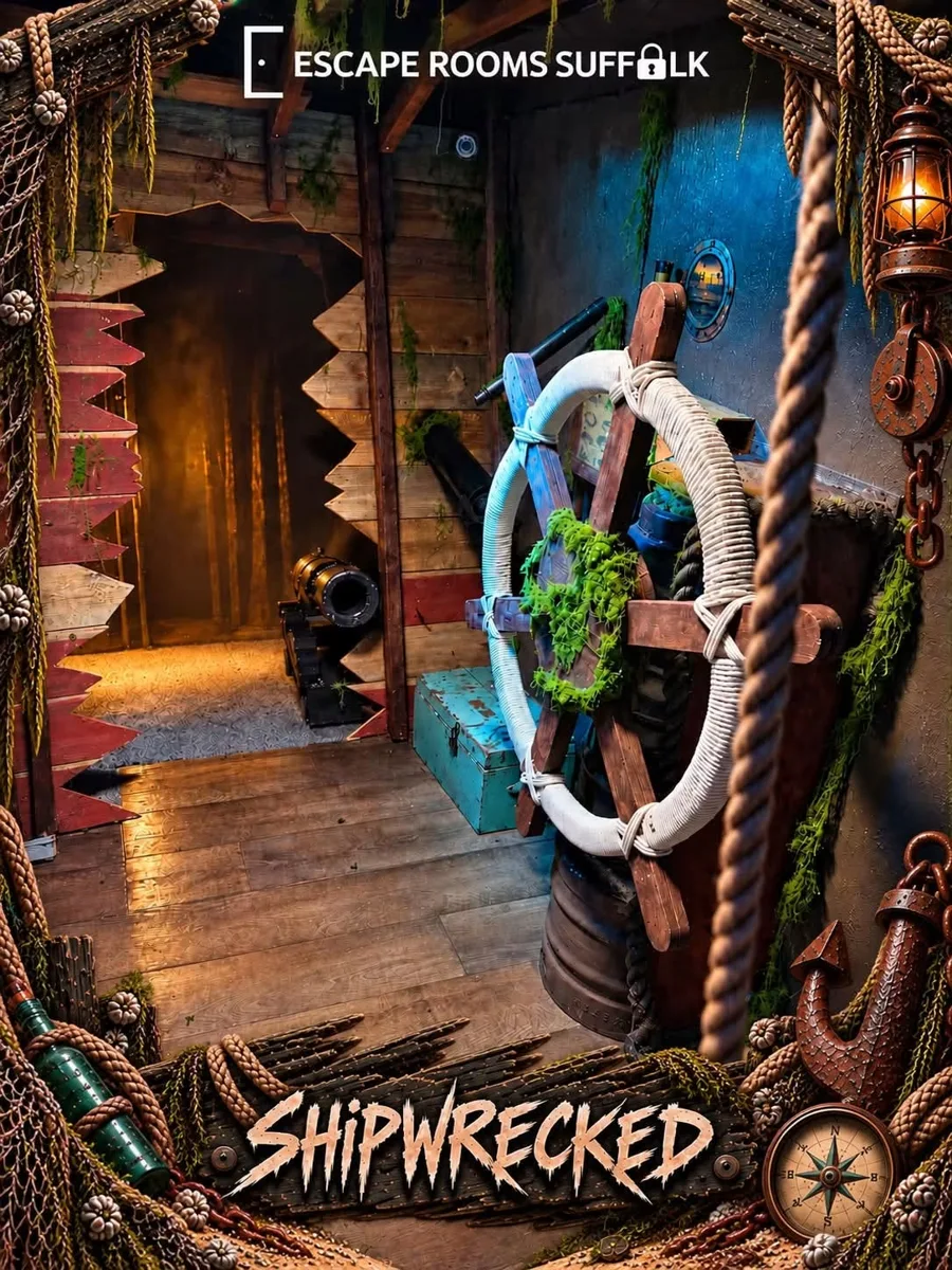 Shipwrecked escape room promotional photograph featuring a ship's wheel, ropes and lanterns