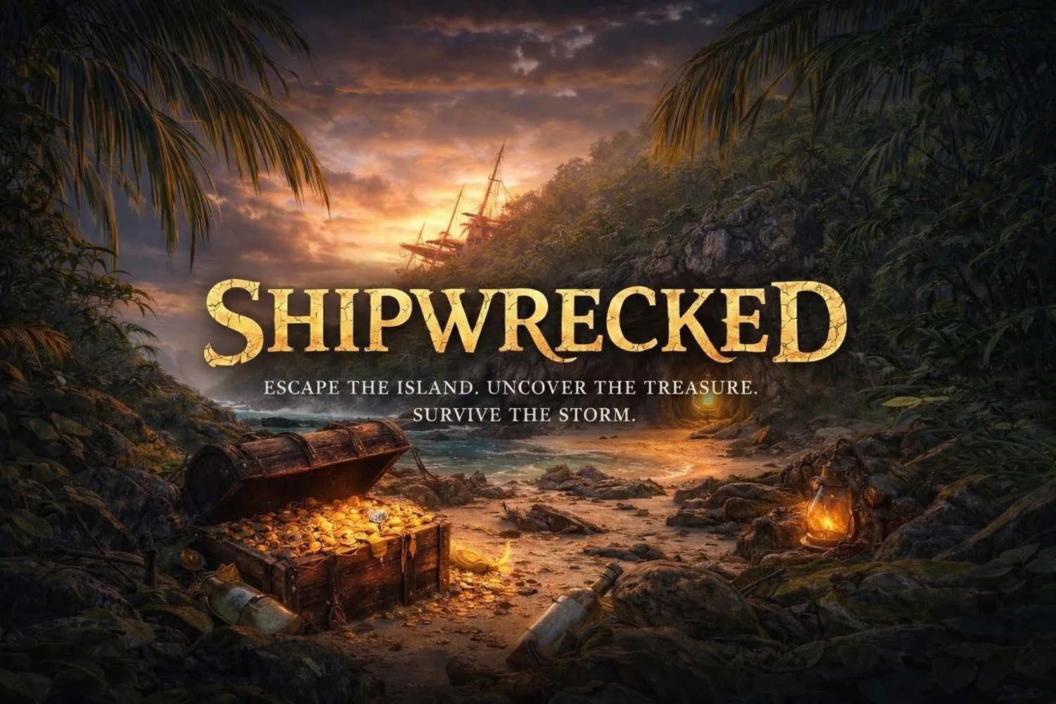 Shipwrecked illustrated artwork showing an island, a wrecked ship and a treasure chest